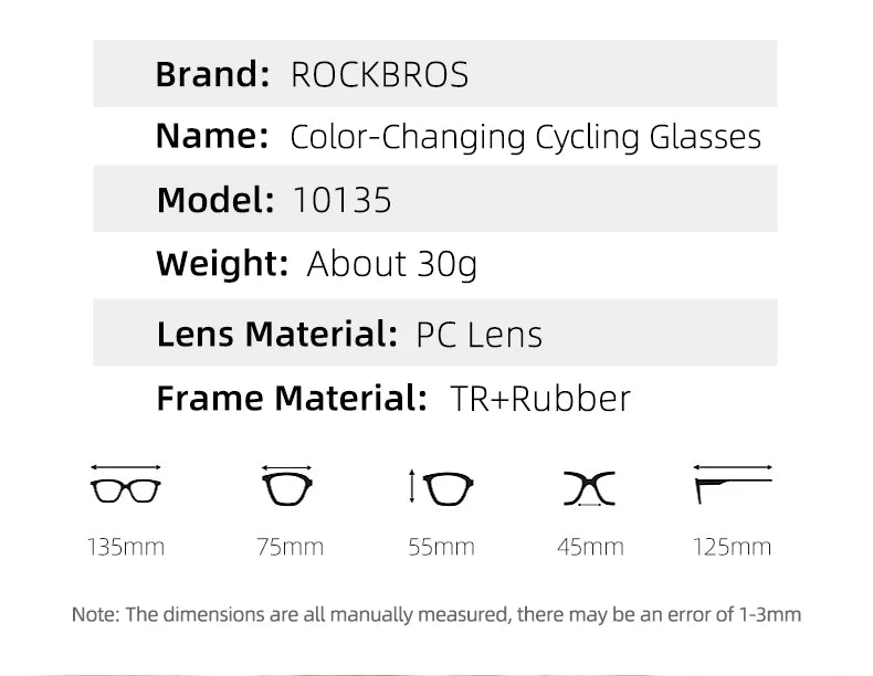 ROCKBROS Cycling Photochromic UV400 Protection Sunglasses Ultra-light Sport Safe