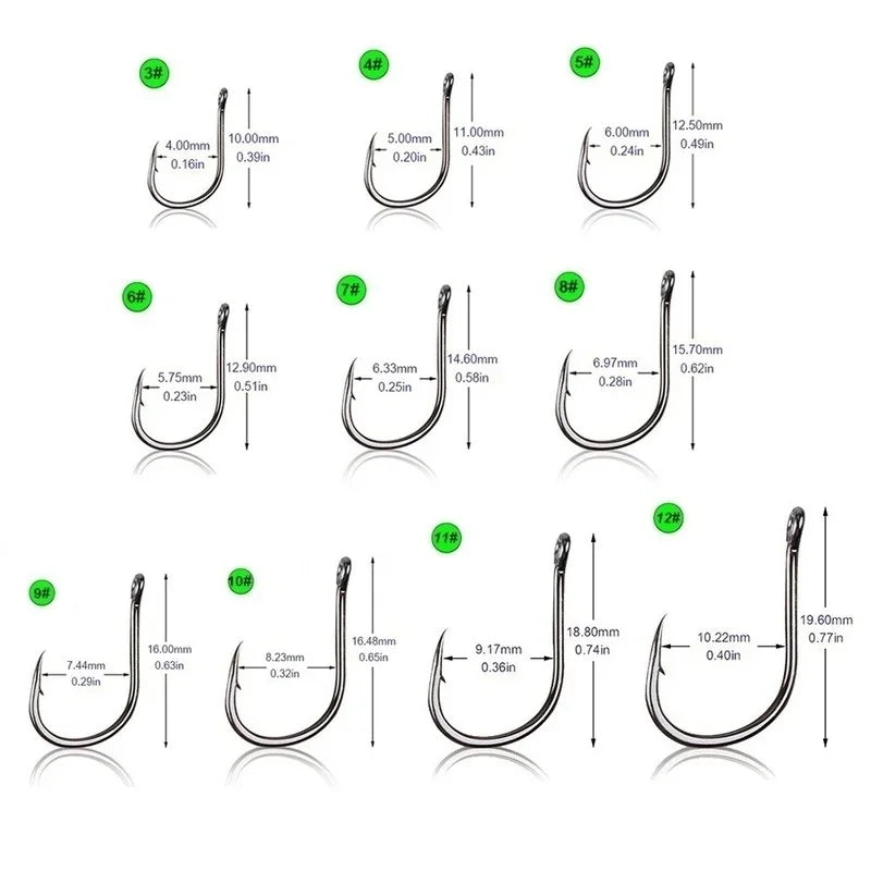 High Carbon Steel Hooks, 100Pcs/box #3~#12