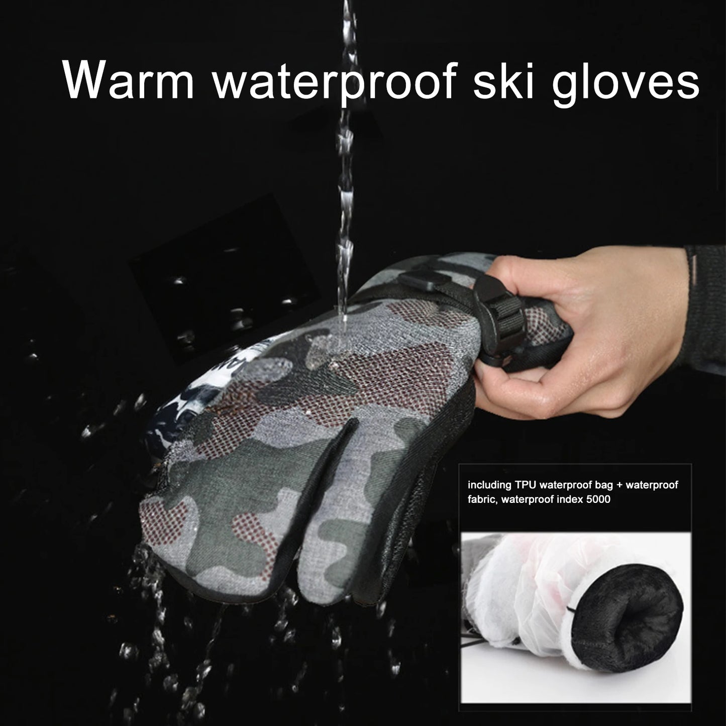 Ski Gloves Men Women Winter Fleece Waterproof Windproof 3 Fingers Mittens